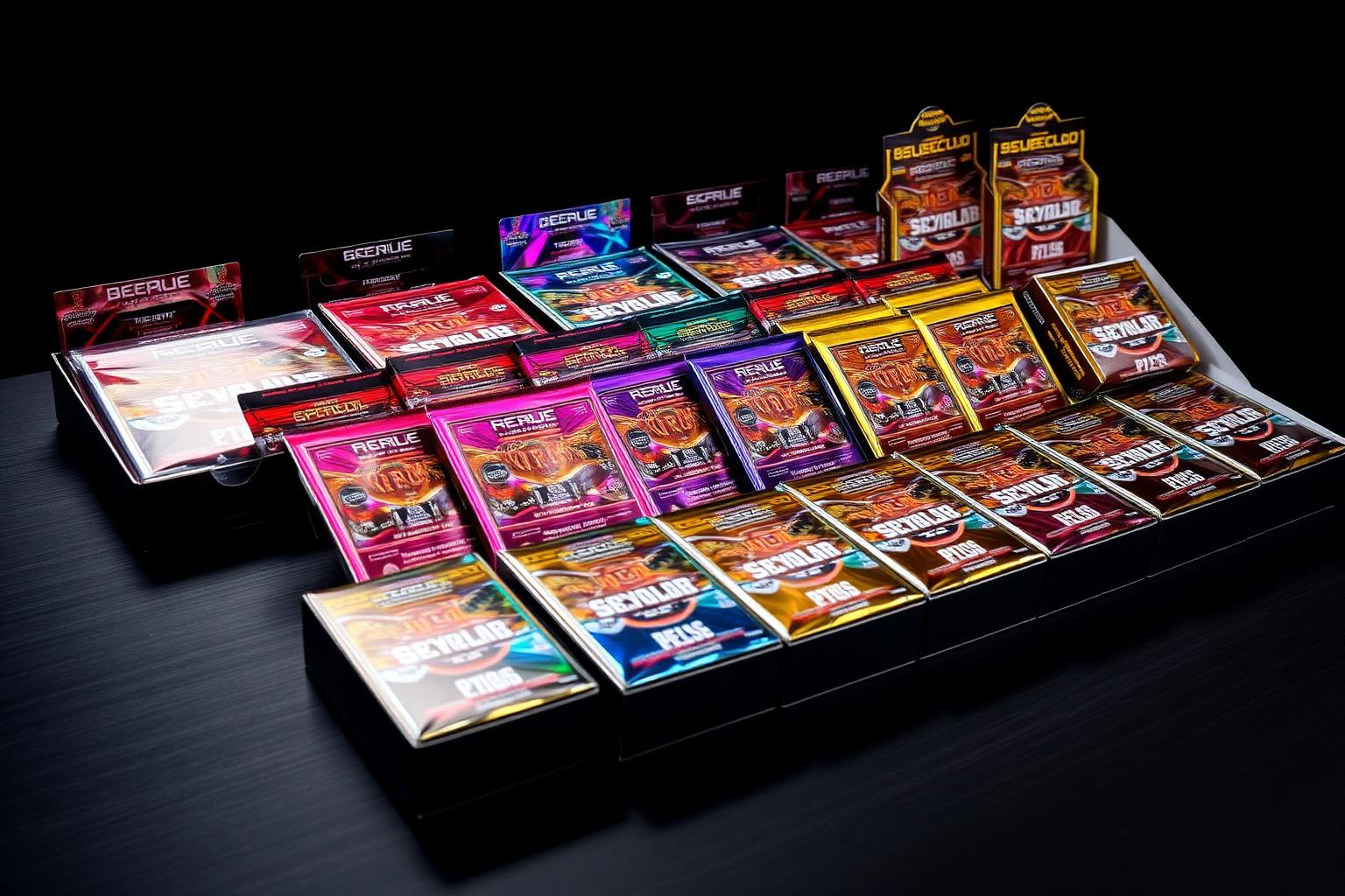 Assortment of sealed trading card booster packs in colorful foil packaging